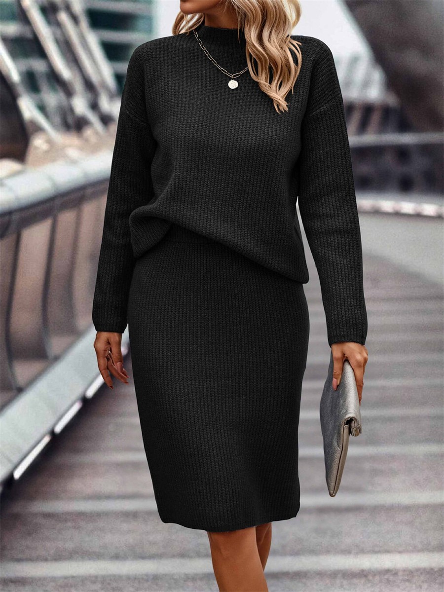 Black Ribbed Knit Sweater and Midi Skirt for Versatile Wear Knit Set Outfits