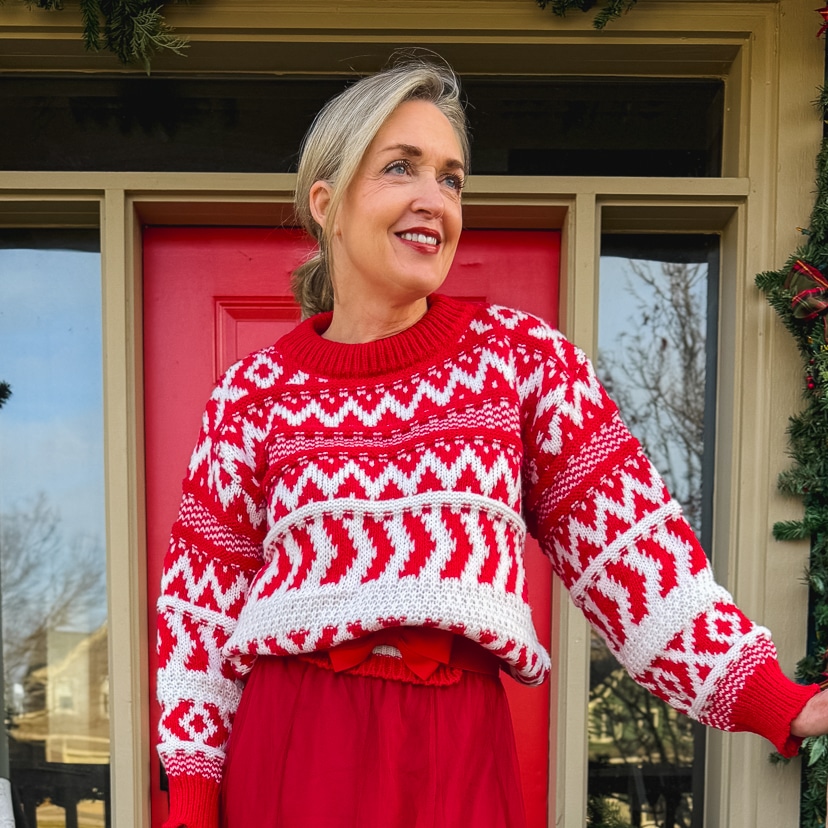 Close-up: Red Fair Isle Sweater with Tulle Skirt and Belt Close-up: Red Fair Isle Sweater with Tulle Skirt and Belt — Fair Isle Sweater Outfits