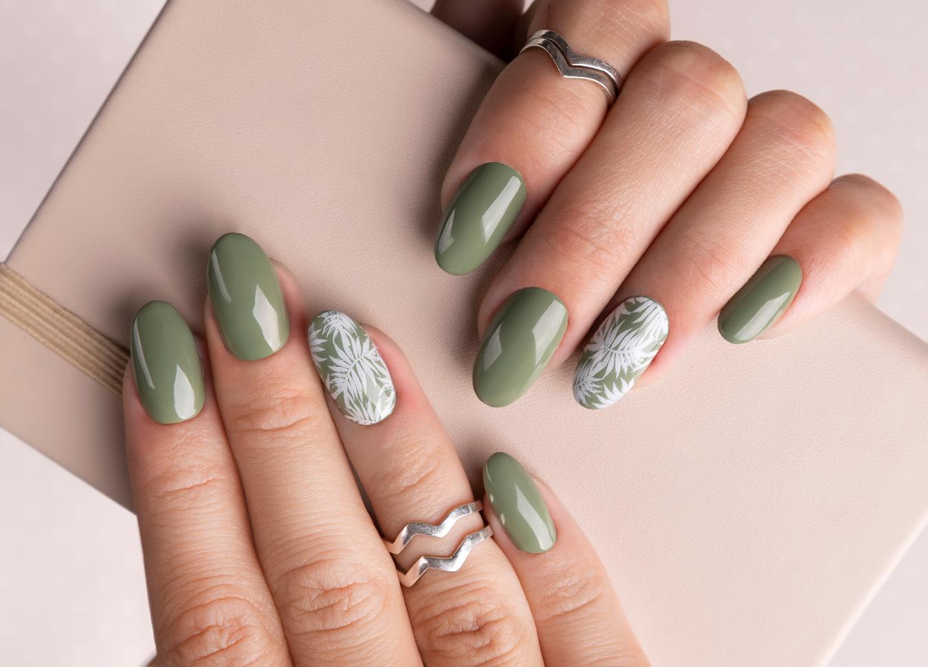 Olive Green with White Floral Decals Olive Green with White Floral Decals — Trendy Almond Nail Designs