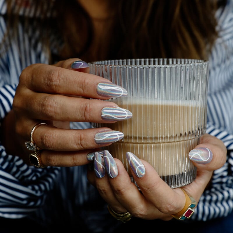 Holographic Abstract White Line Stilettos Holographic Abstract White Line Stilettos — Simple Nail Designs