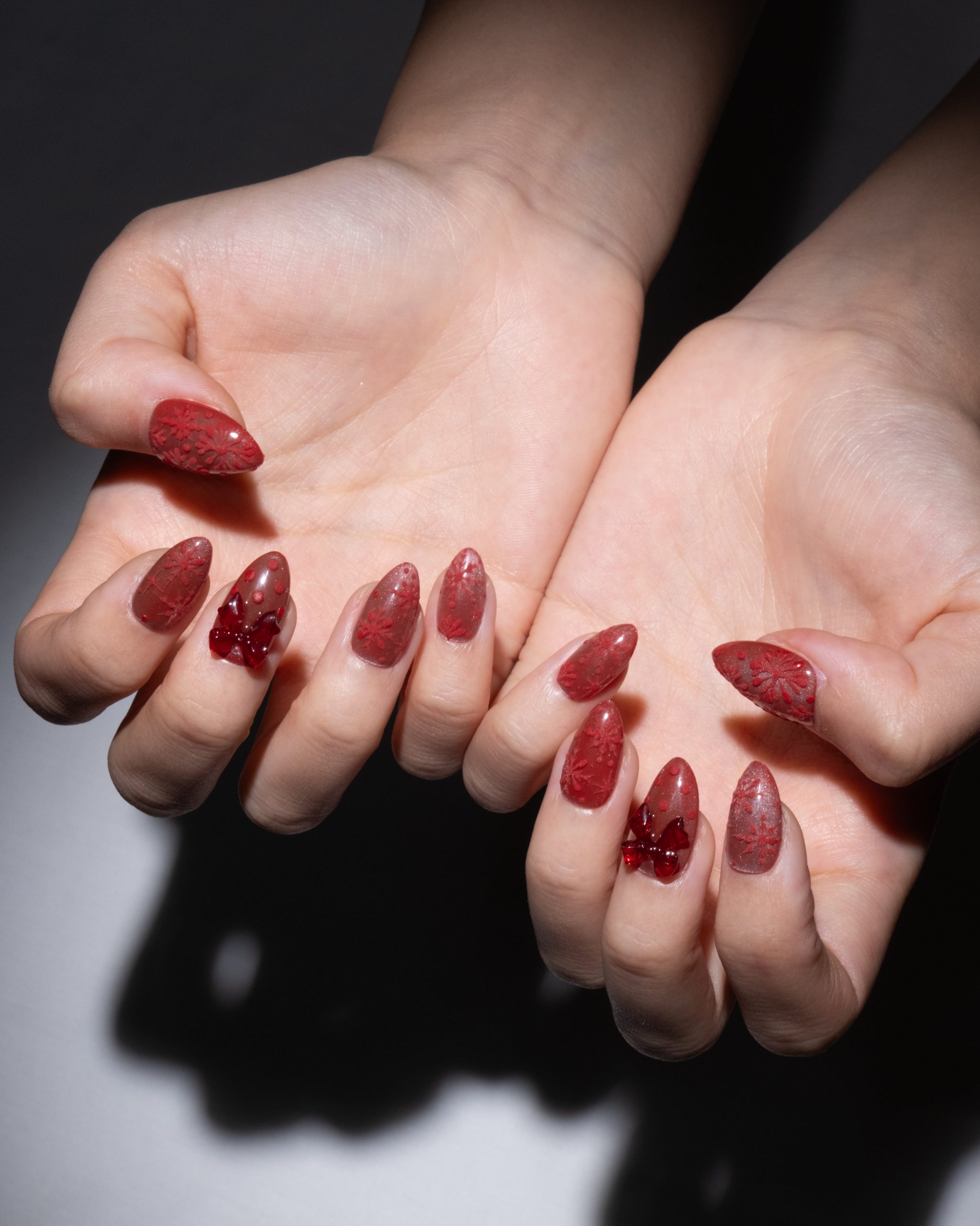 Deep Red Floral Embellishments — Winter Red Nails