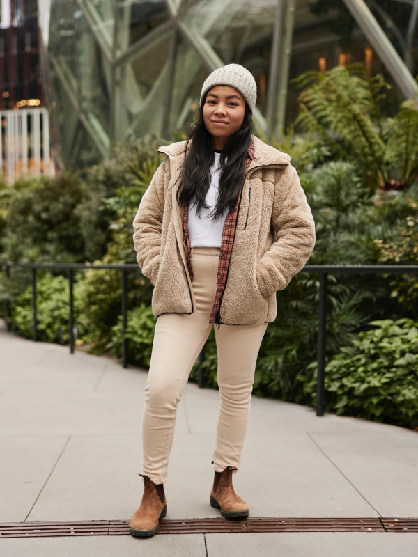 Light Grey Beanie with Fleece Jacket and Plaid Shirt — Beanie Outfits
