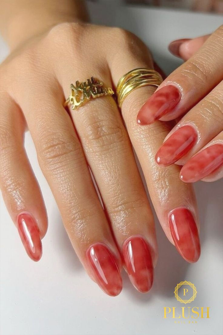 Jelly Reddish-Orange Marbled Almond Nails Jelly Reddish-Orange Marbled Almond Nails — Almond Nail Designs