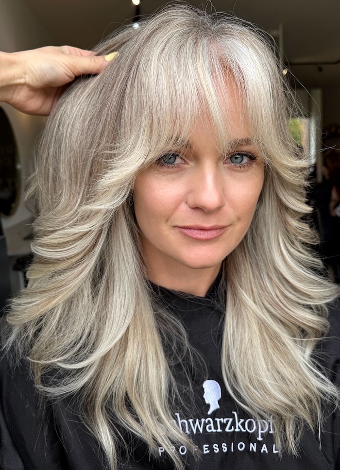 Front View Long Soft Ash Blonde Shag With Waves Front View Long Soft Ash Blonde Shag With Waves — Winter Haircuts with Curtain Bangs