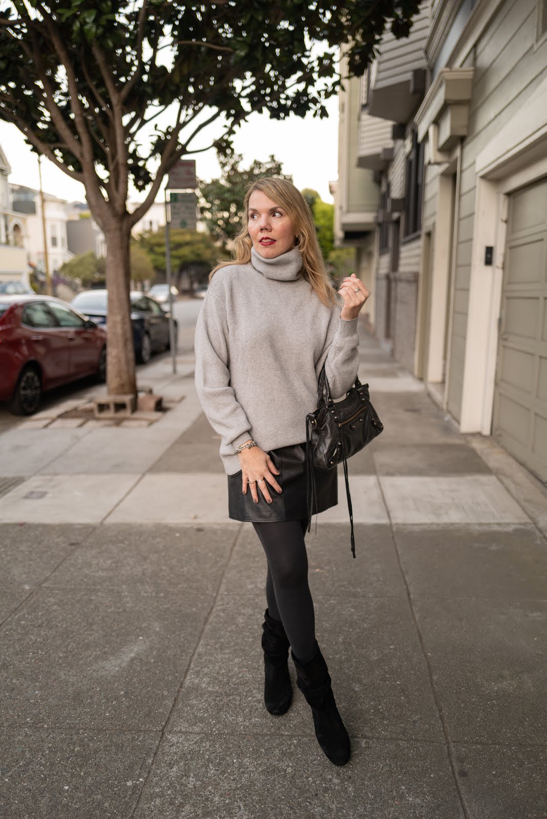 Black Suede Mid-Calf Boots with Leather Mini Skirt and Grey Turtleneck — Suede Boots Outfits