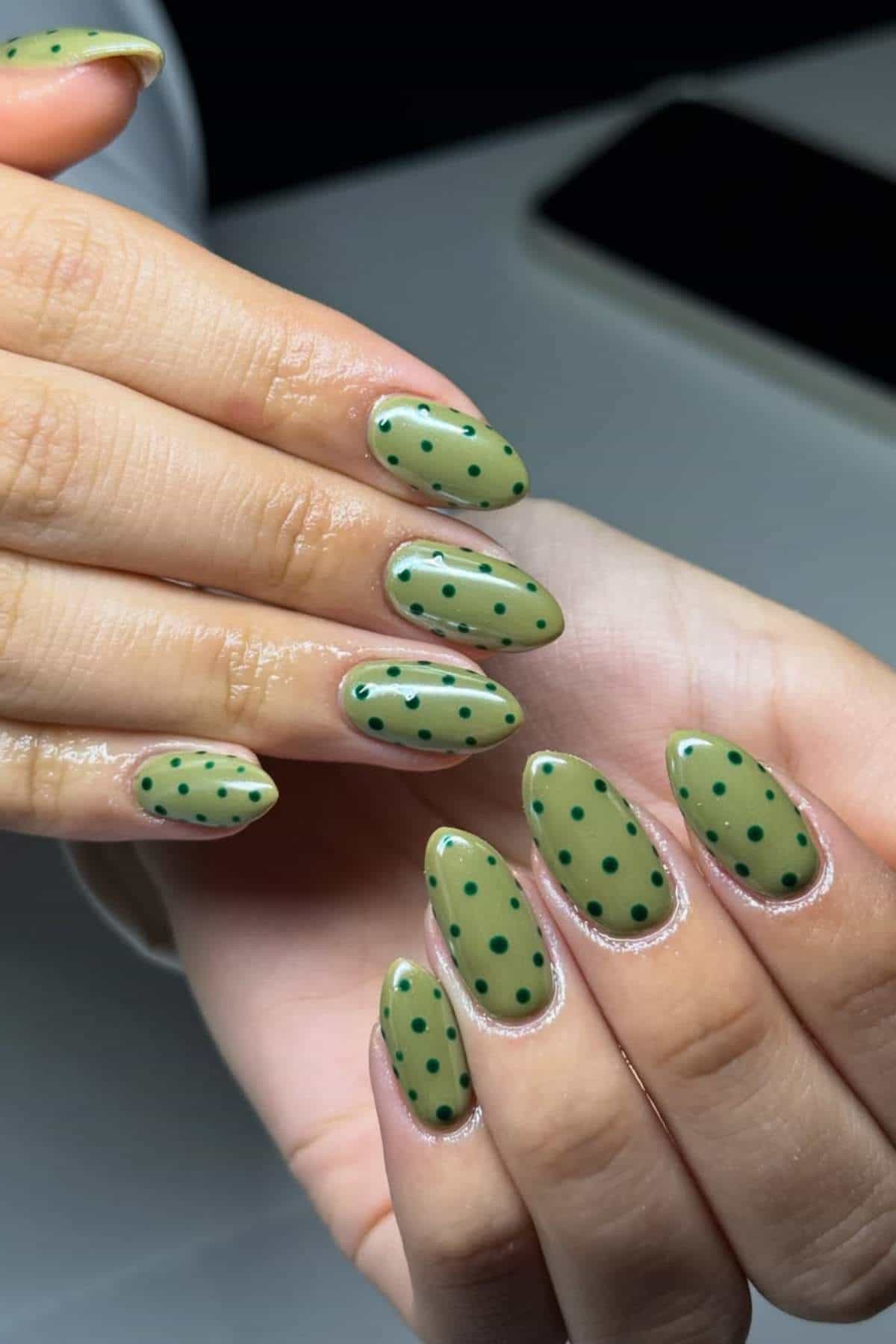 Olive Green with Dark Green Polka Dots Olive Green with Dark Green Polka Dots — Green Nail Designs