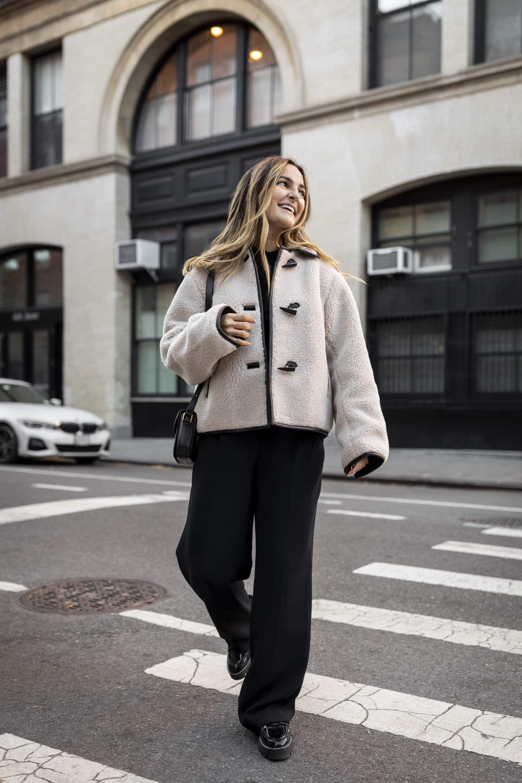 Black Turtleneck with Wide-Leg Trousers and Teddy Jacket — Turtleneck Outfits
