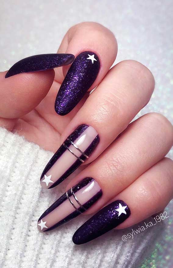 Shimmering Deep Purple Star French Tips — Winter Purple Nails