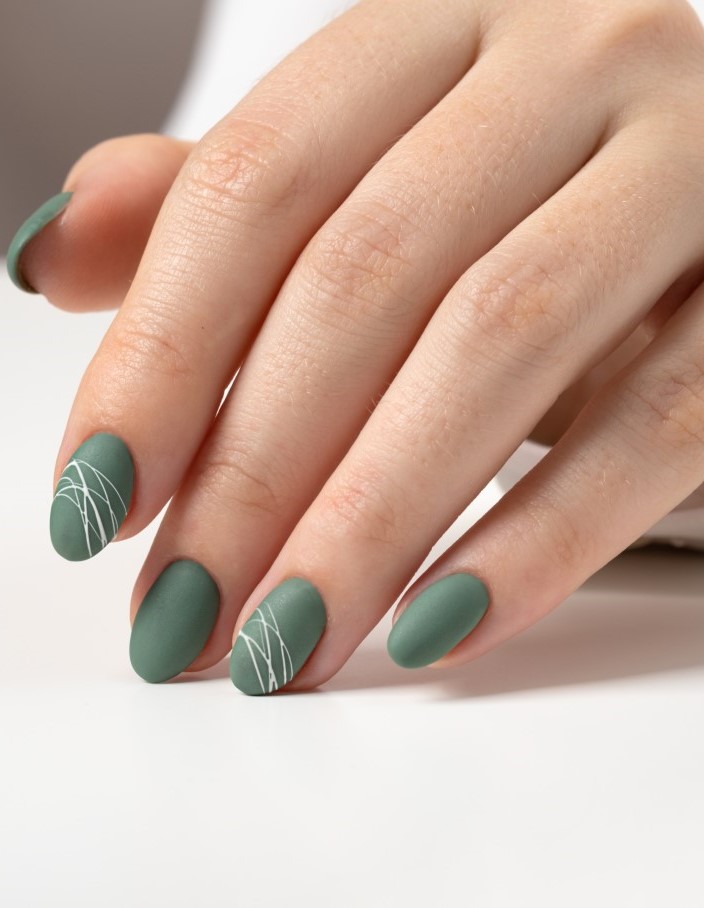 Muted Matte Green with Abstract White Lines — Winter Green Nails