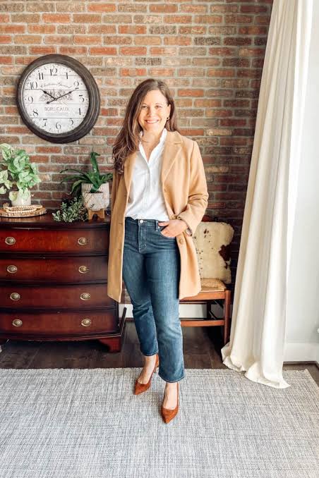 Camel Coat with White Shirt and Straight Leg Jeans — Long Coat Outfits