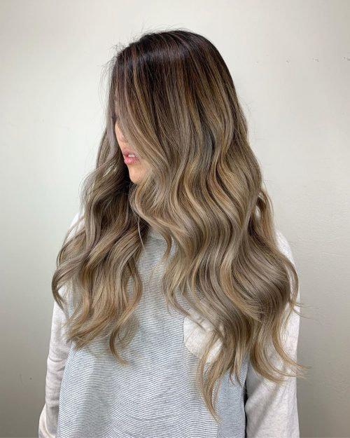 Mid-Back Dark Brown With Ash Blonde and Beige Blonde Balayage — Wavy Hair Extending To Mid-Back — Ash Brown Hair