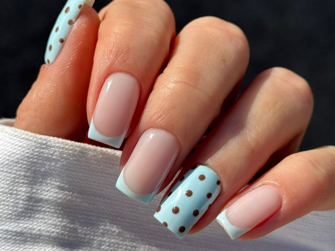 Light Blue French Tips with Brown Polka Dots — Blue Nail Inspo