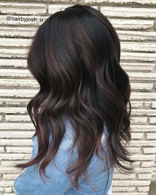 Mid-Back Loose Waves With Reddish Mid-Back Loose Waves With Reddish — Dark Chocolate Brown Hair