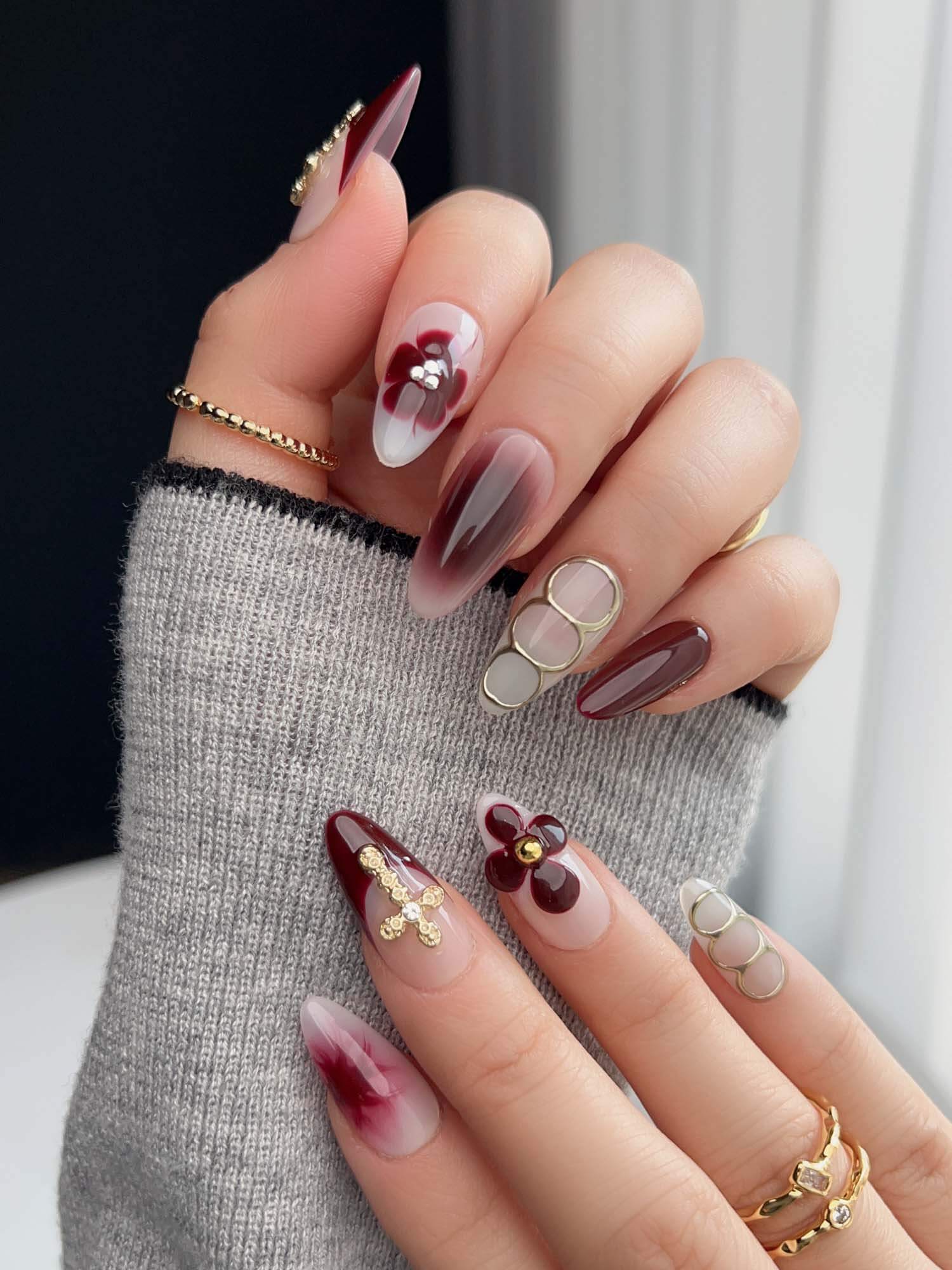 Gradient Burgundy Floral 3D Accents Gradient Burgundy Floral 3D Accents — Burgundy Nails