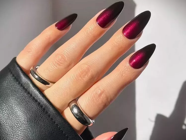Dramatic Red to Black Chrome Stiletto Nails Dramatic Red to Black Chrome Stiletto Nails — Almond Nail Designs