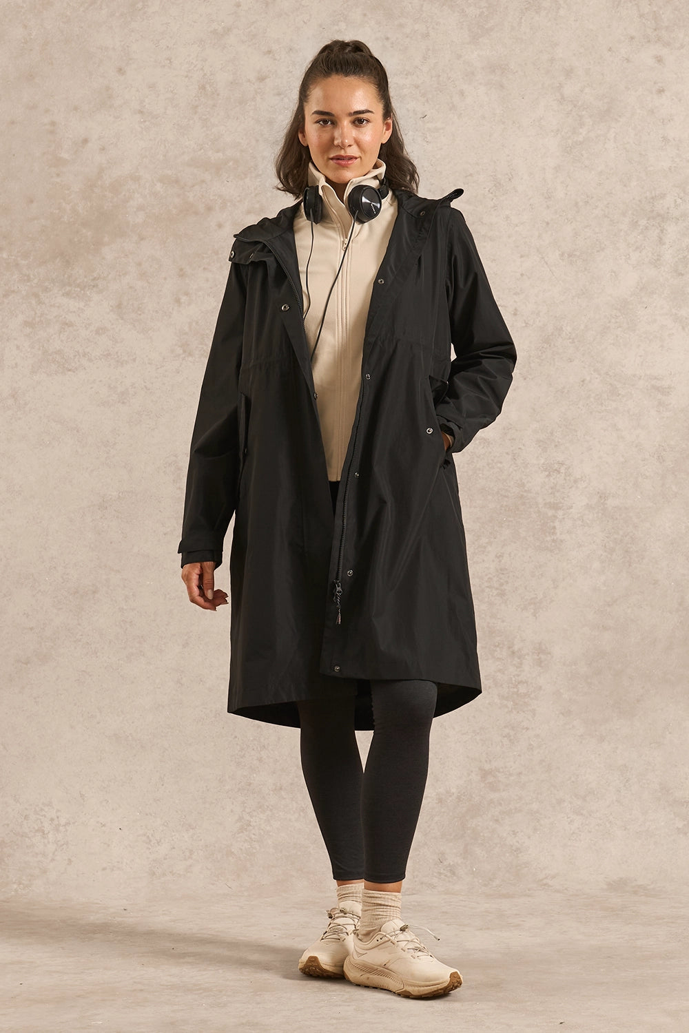Layered Neutrals: Cream Top Under Black Hooded Jacket for Hiking — Winter Hiking Outfits