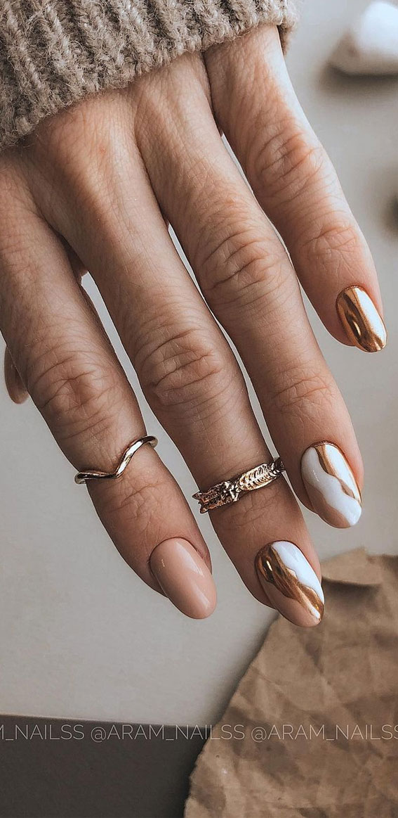 Gold Chrome Swirls on White and Nude — Chrome Nail Designs