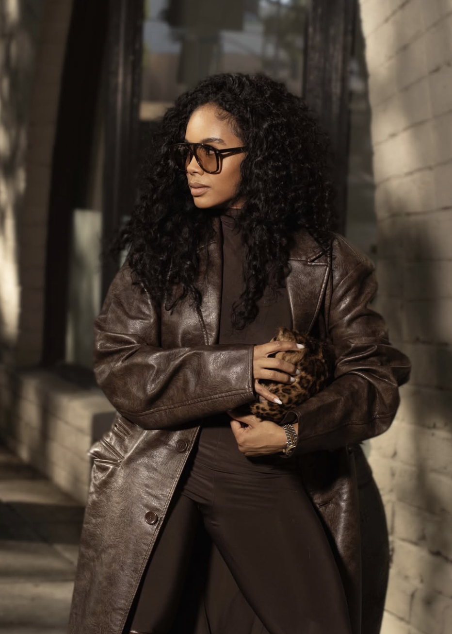 Monochromatic Brown with a Statement Leather Coat Monochromatic Brown with a Statement Leather Coat — Winter Dinner Outfits