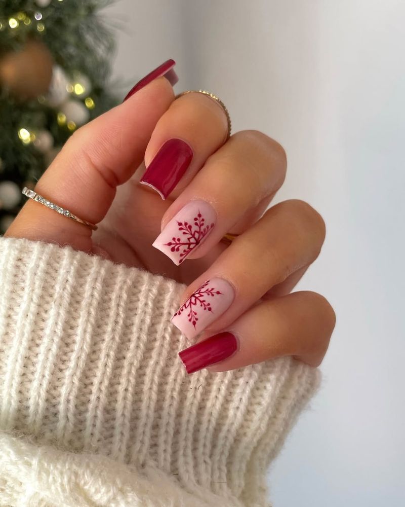 Matte Red and Pink Snowflake Matte Red and Pink Snowflake — Snowflake Nails