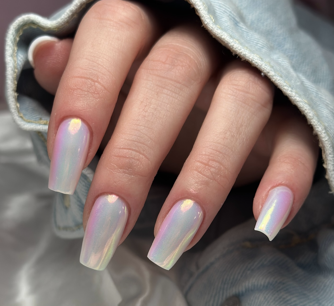 Medium Coffin Pearlescent White Chrome — Winter to Spring Transition Nails
