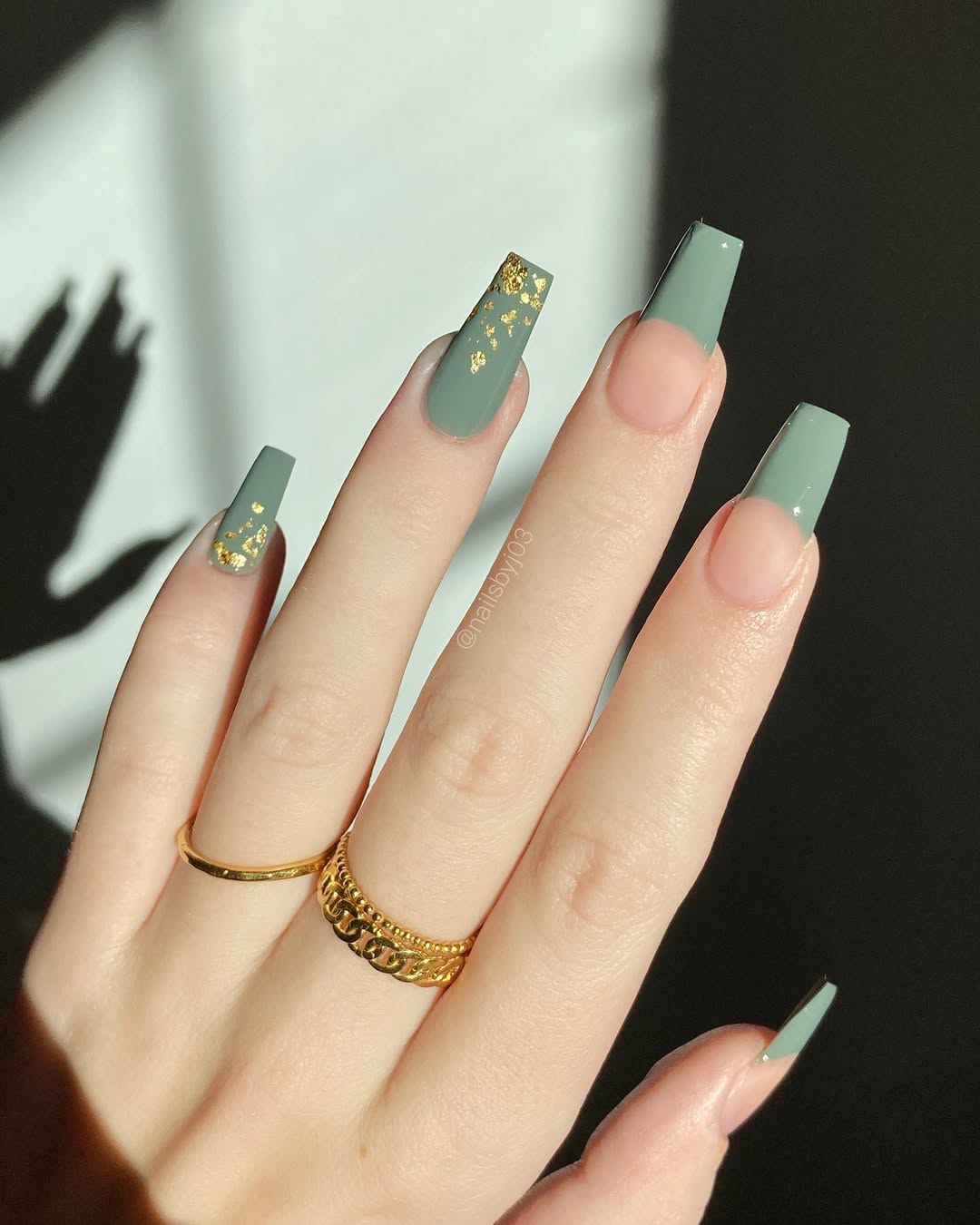 Sage Green French with Gold Flakes Sage Green French with Gold Flakes — Winter Nail Colors for Women Over 40