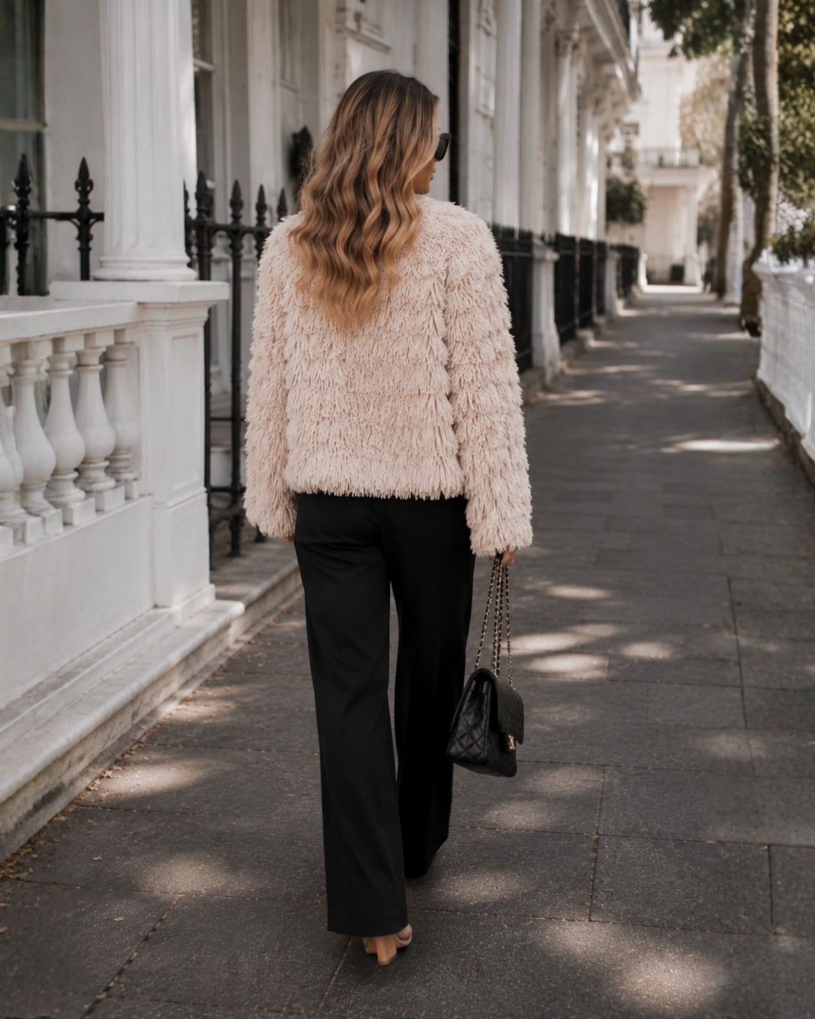 Cream Fluffy Jacket with Black Wide-Leg Pants Cream Fluffy Jacket with Black Wide-Leg Pants — Teddy Coat Outfits
