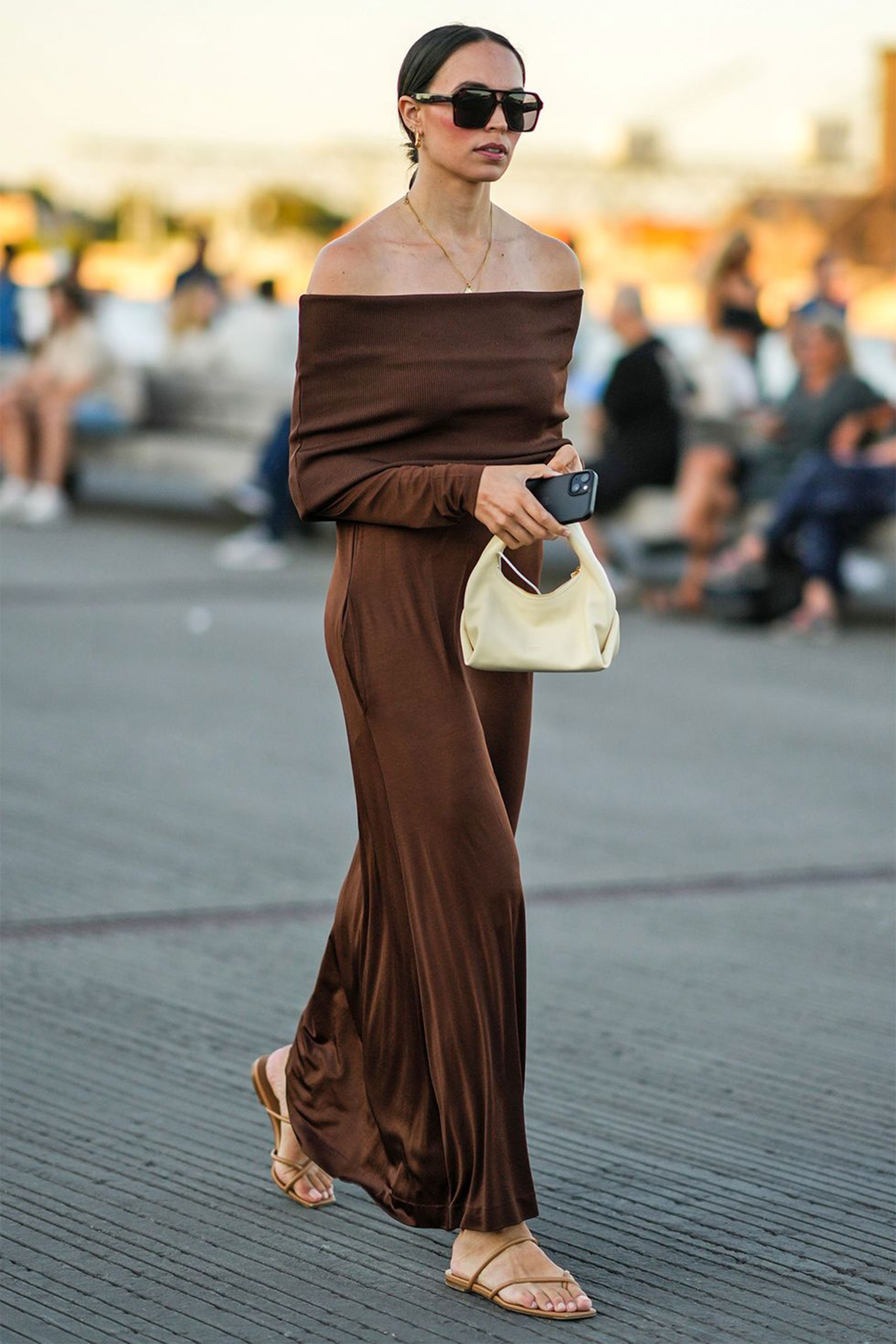 Deep Brown Off-the-Shoulder Top with Maxi Skirt for Resort Wear Chocolate Brown Outfits