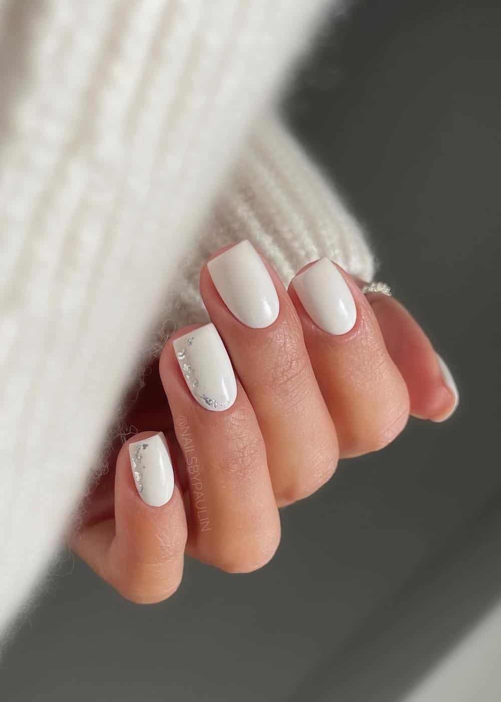 Opaque White Silver Foil Cuticle Nails Opaque White Silver Foil Cuticle Nails — Short Winter Square Nails