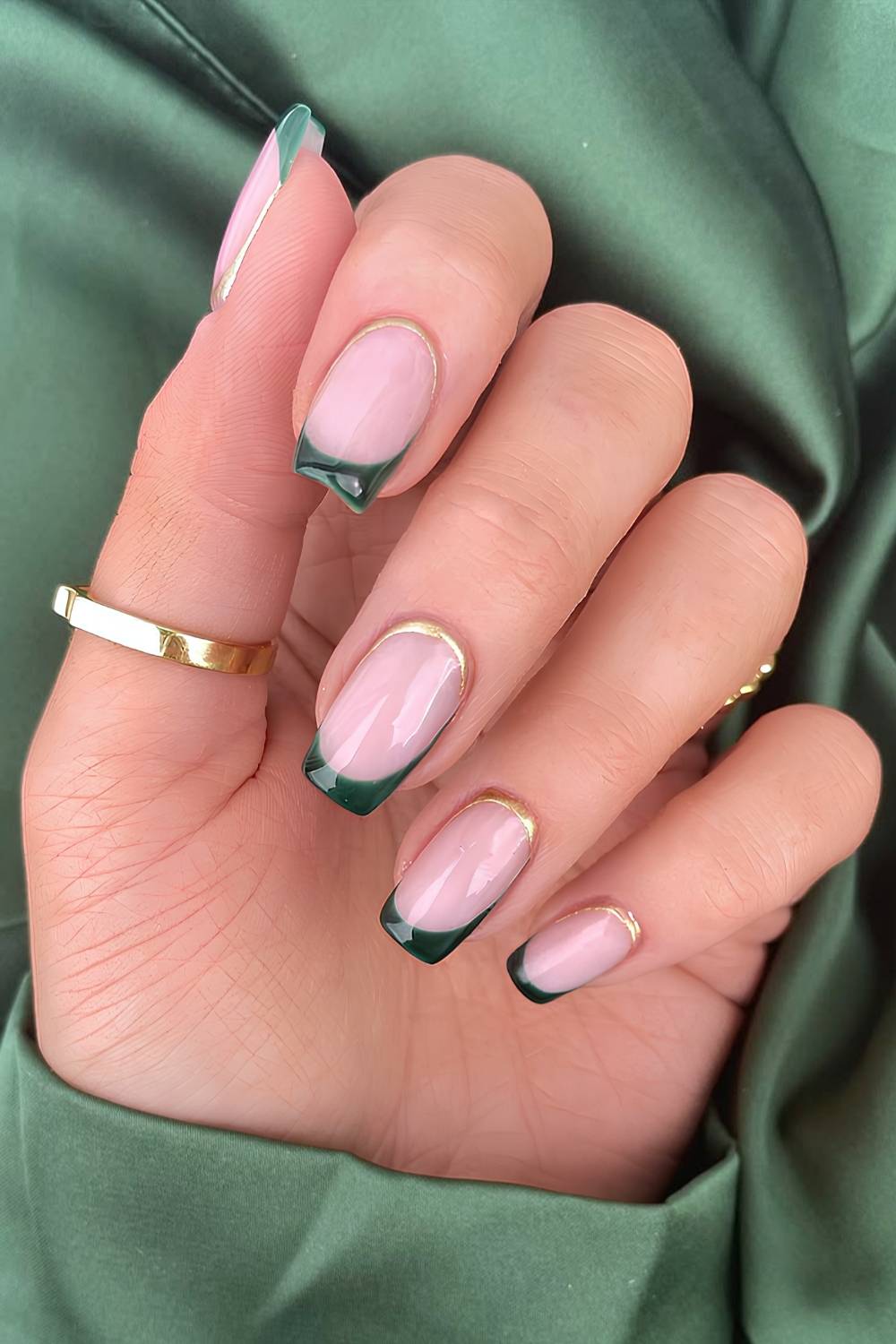 Emerald French Manicure with Gold Line Emerald French Manicure with Gold Line — Emerald Green Nails