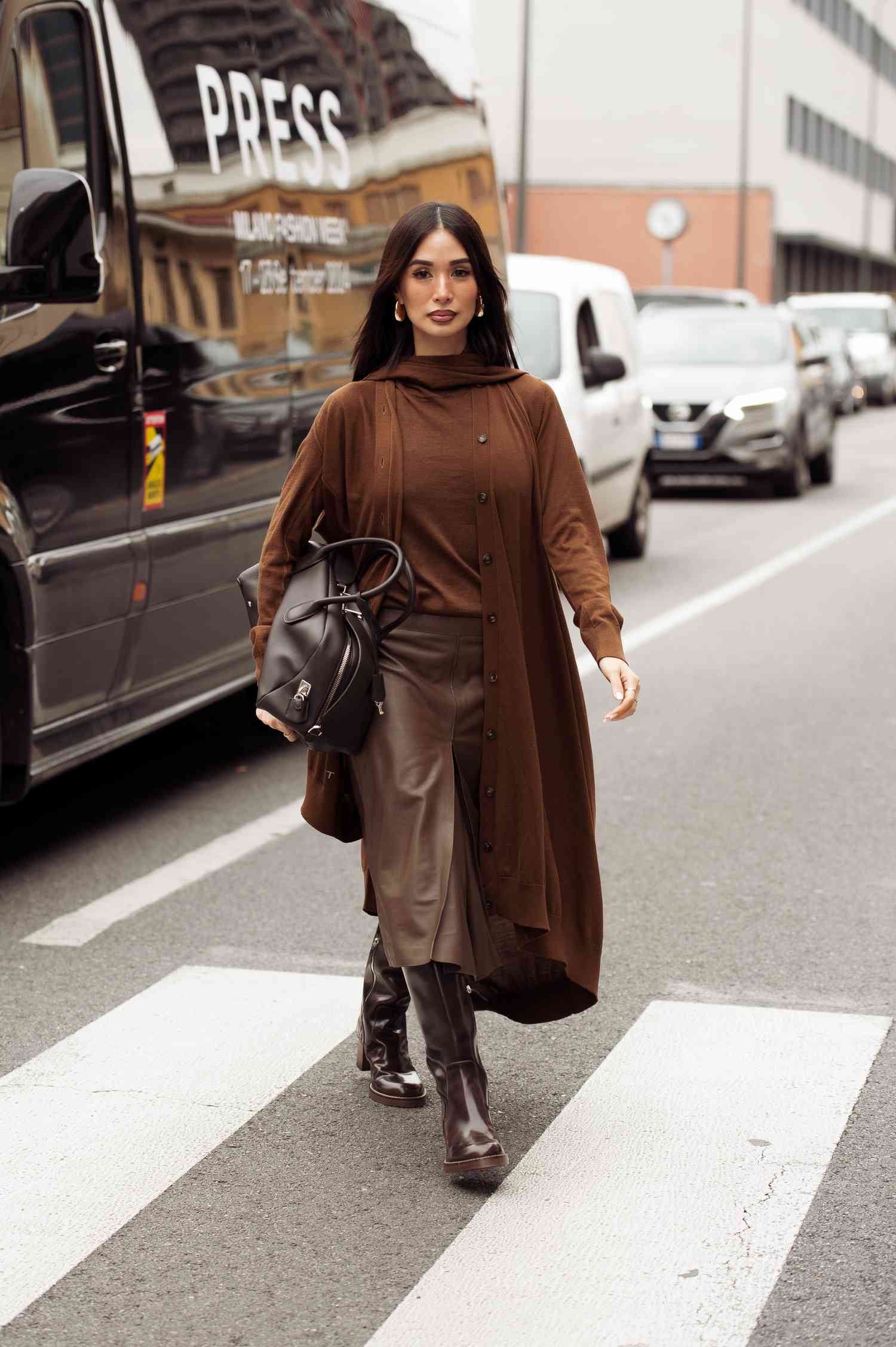 Monochromatic Elegance: Long Brown Cardigan and Leather Skirt Monochromatic Elegance: Long Brown Cardigan and Leather Skirt — Cardigan Outfits