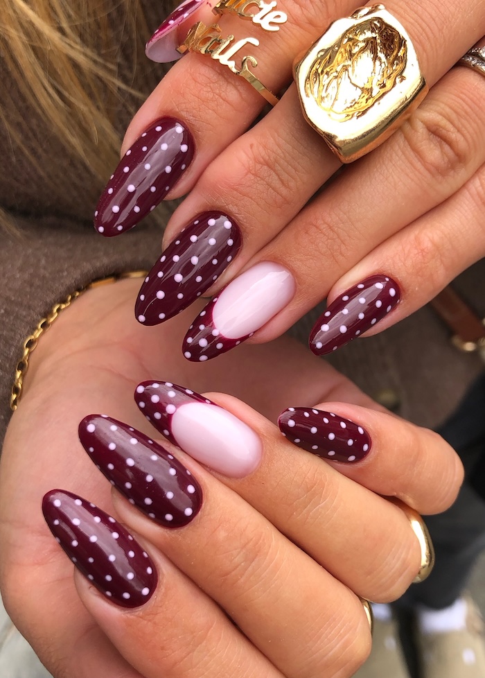 Burgundy Polka Dot French Tip Almond Burgundy Polka Dot French Tip Almond — Burgundy Nails