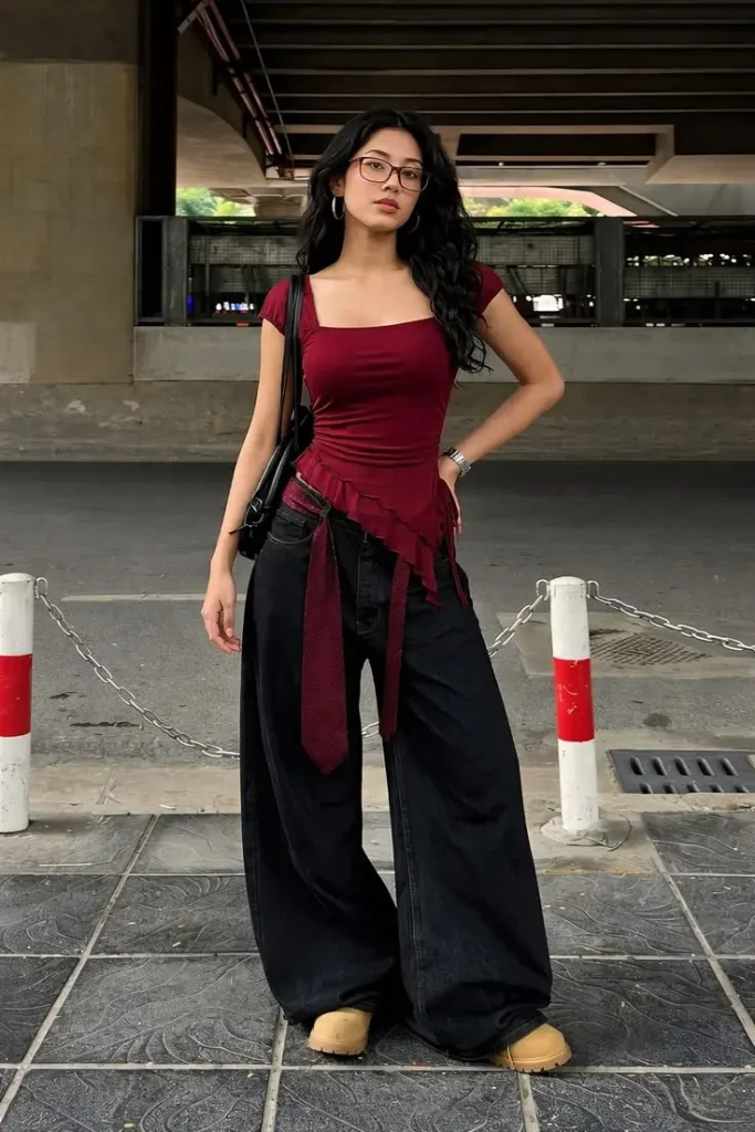 Asymmetric Burgundy Knit Top with Black Wide-Leg Denim Asymmetric Burgundy Knit Top with Black Wide-Leg Denim — Baddie Winter Outfits