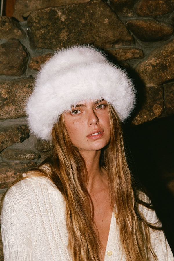 Fluffy White Faux Fur Hat with Cream Knit Cardigan — Fur Hat Outfits