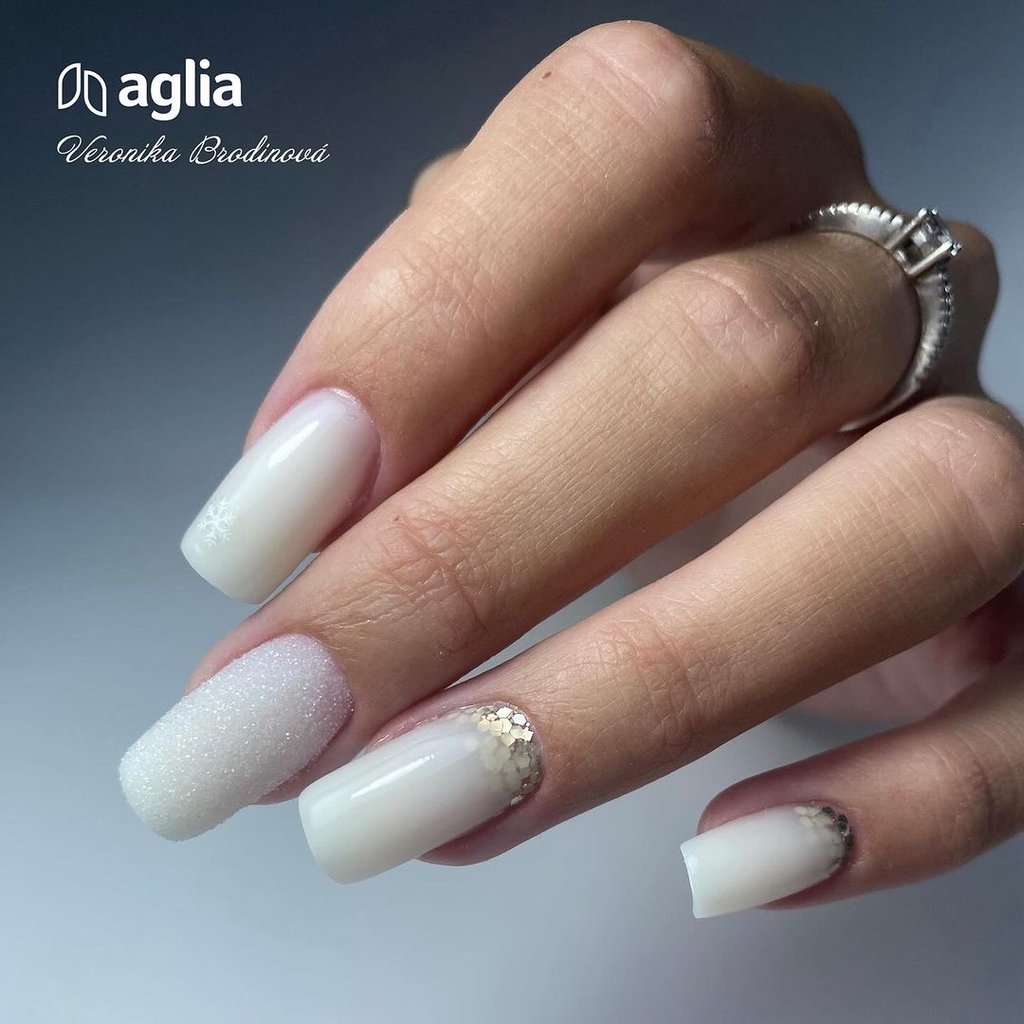Milky White Square with Glitter & Gold — Milky White Nails