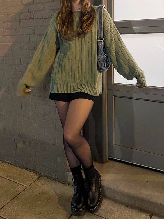 Cable-Knit Sweater with Mini Skirt and Platform Boots Cable-Knit Sweater with Mini Skirt and Platform Boots — Winter Streetwear Outfits