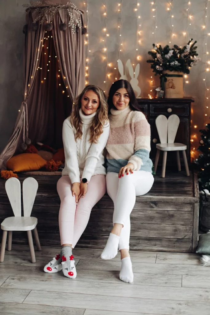Pastel Winter Comfort with Cozy Turtleneck Sweaters and Pink Pants Pastel Winter Comfort with Cozy Turtleneck Sweaters and Pink Pants — Winter Family Photo Outfits