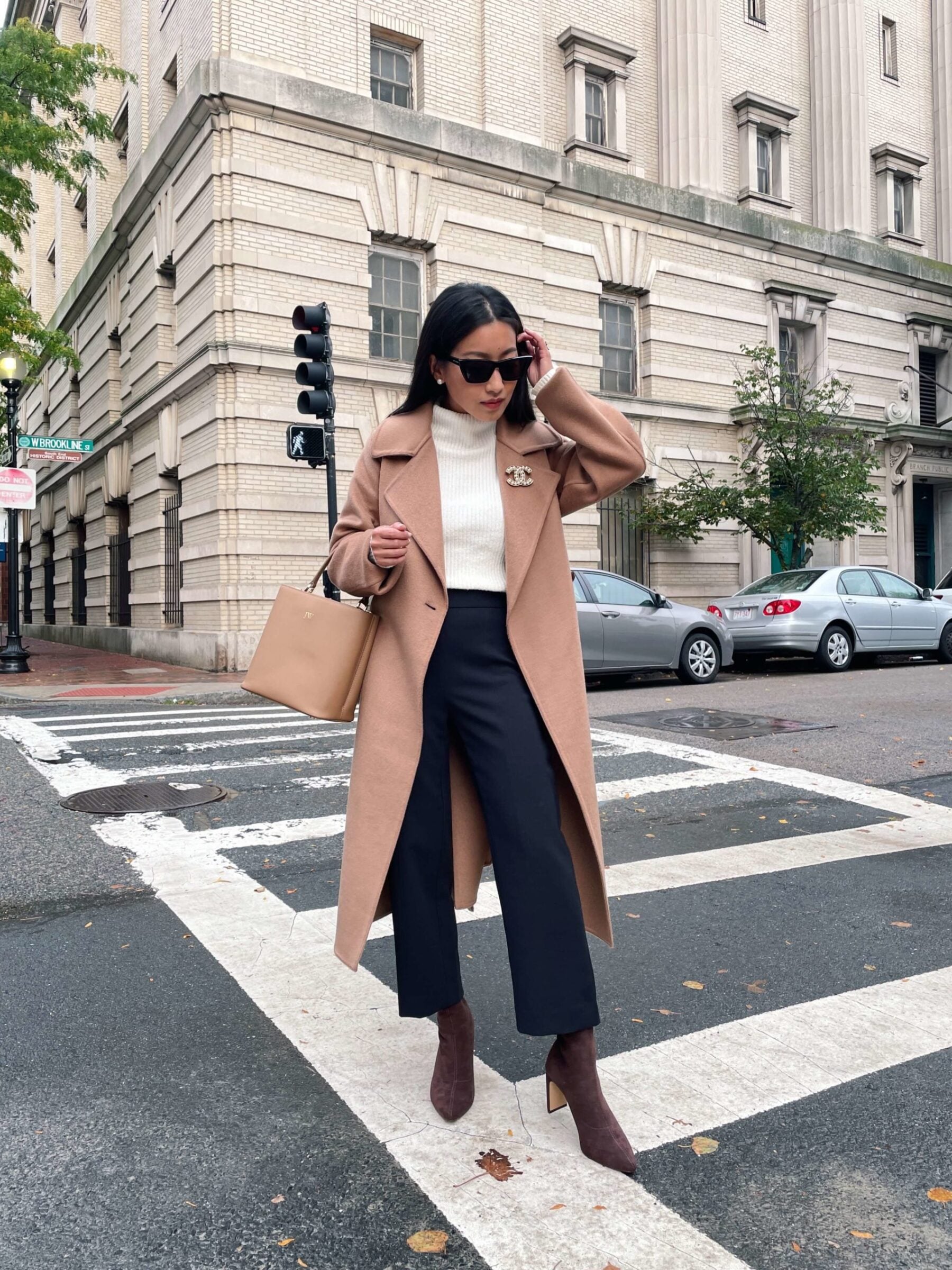 Camel Coat with Navy Trousers and Brown Boots Camel Coat with Navy Trousers and Brown Boots — Camel Coat Outfits