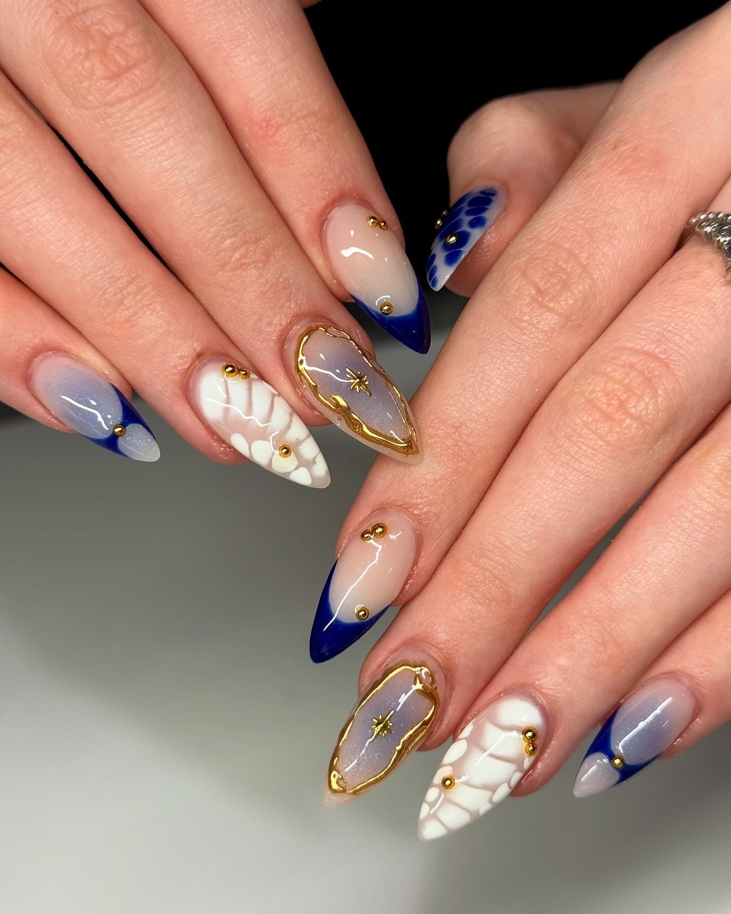 Navy French Tips with 3D Florals and Gold — Blue Nail Inspo