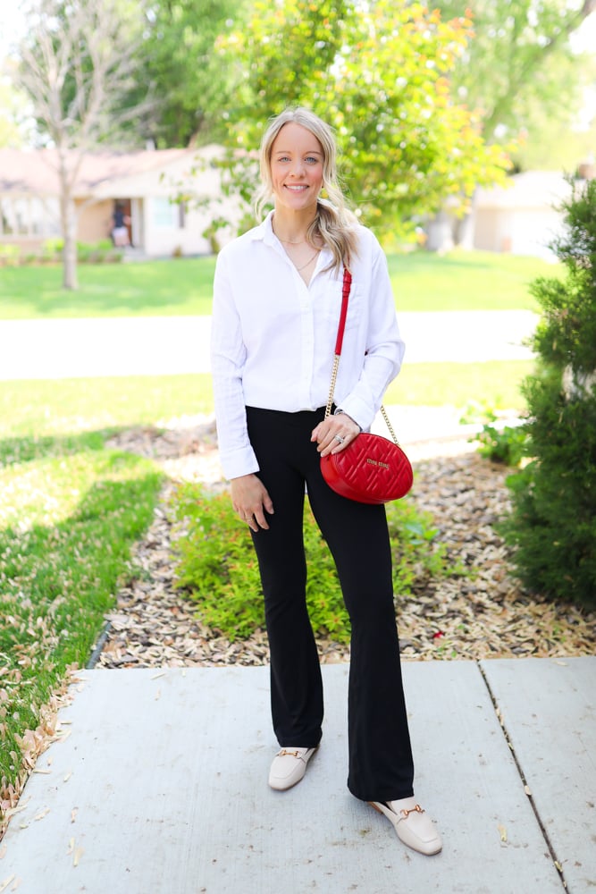 Crisp Contrast: White Shirt and Black Leggings — Flare Leggings Outfits