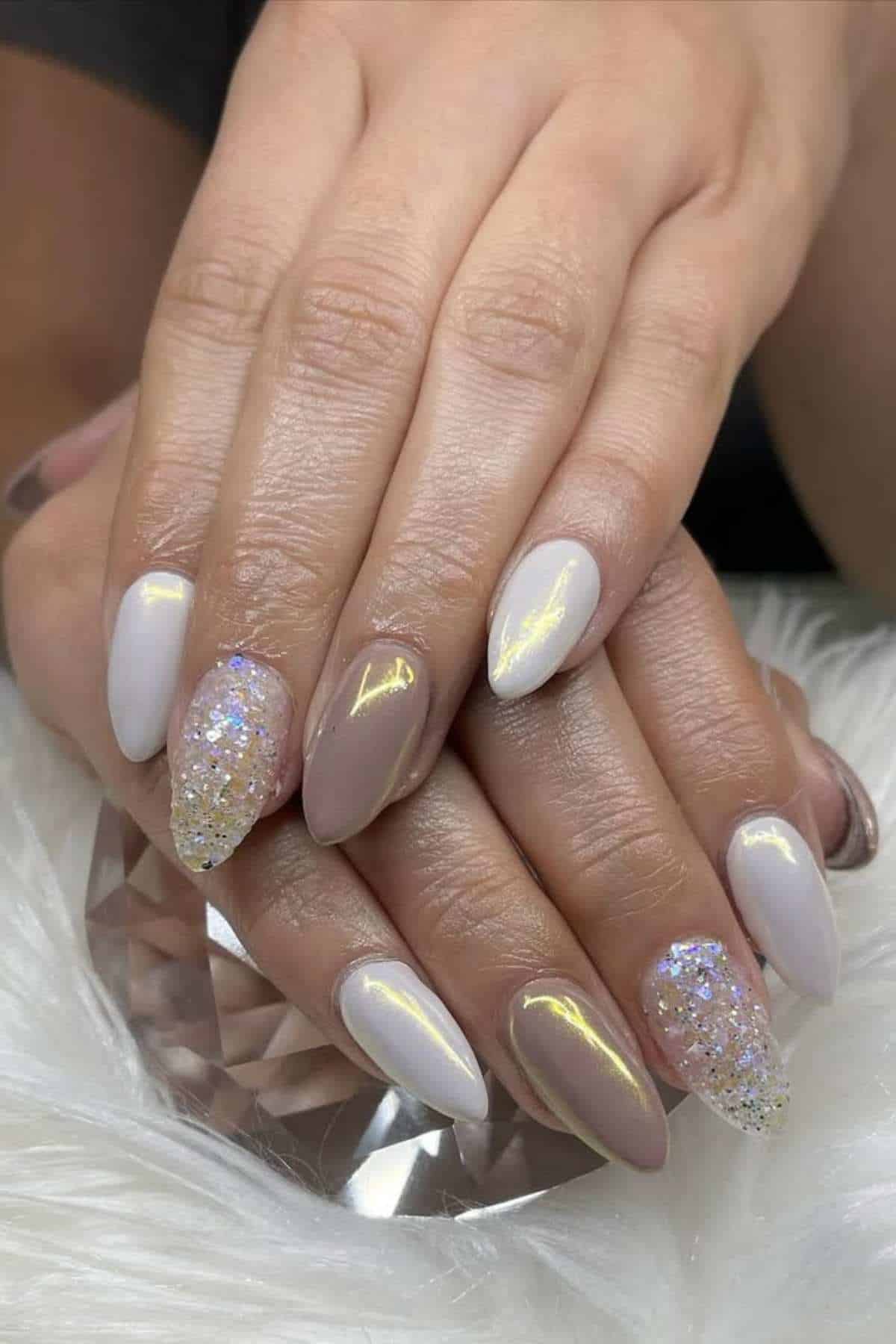 Sheer Nude Silver Glitter Stiletto Nails — Winter Glitter Nails