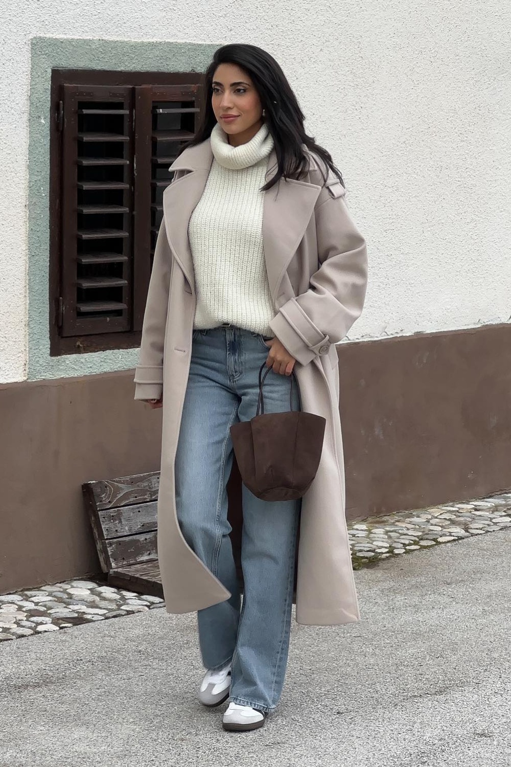 Beige Long Coat with Cream Turtleneck and Jeans — Long Coat Outfits