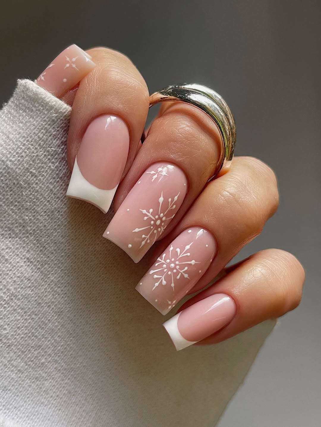 Sheer Pink French with White Snowflakes — Winter Wonderland Nails