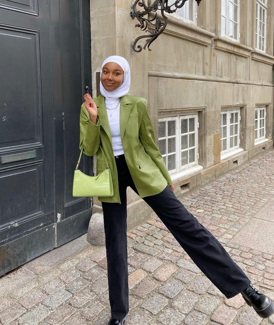 Green Leather Blazer Over White Tee and Black Jeans — Winter to Spring Transition Outfits
