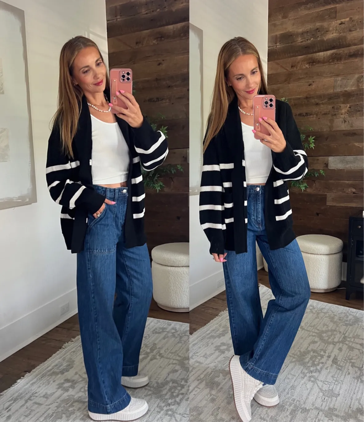 Casual Chic: Striped Cardigan with Medium Wash Wide Leg Jeans — Winter Outfits with Wide Leg Jeans