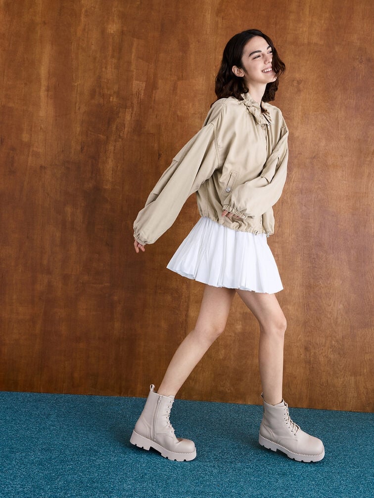 Bomber Jacket and Pleated Mini Skirt with Lace-Up Boots Bomber Jacket and Pleated Mini Skirt with Lace-Up Boots — Ankle Boots Outfits