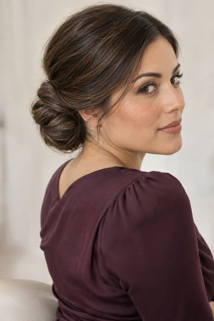Low Bun With Side Swept Bangs Low Bun With Side Swept Bangs — Winter Bun Hairstyles