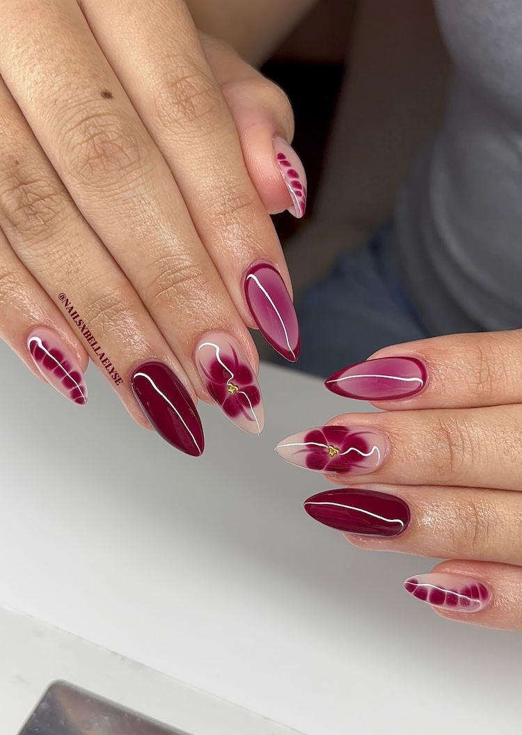 Deep Wine Red Gradient Floral Almond Nails Deep Wine Red Gradient Floral Almond Nails — Almond Nail Inspo