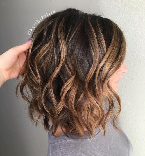 Angled Bob With Caramel Highlights Angled Bob With Caramel Highlights — Dark Chocolate Brown Hair