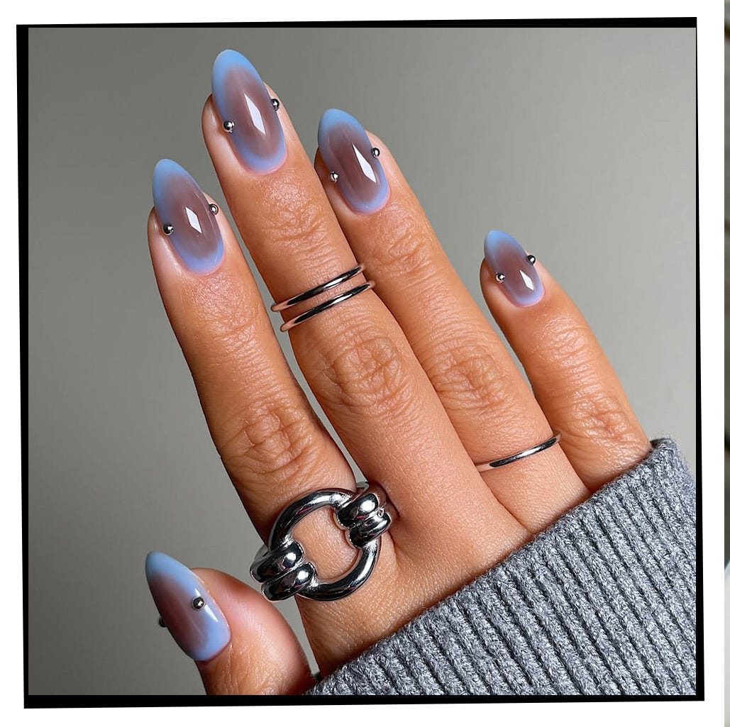 Blue to Purple Jelly Ombre with Studs — Winter Nails