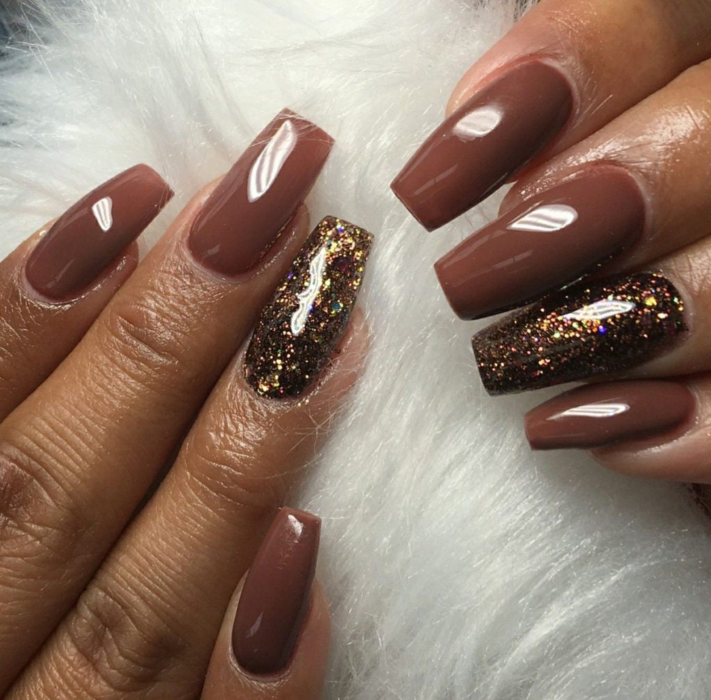 Glossy Brown Coffin Nails with Glitter — Brown Nail Designs